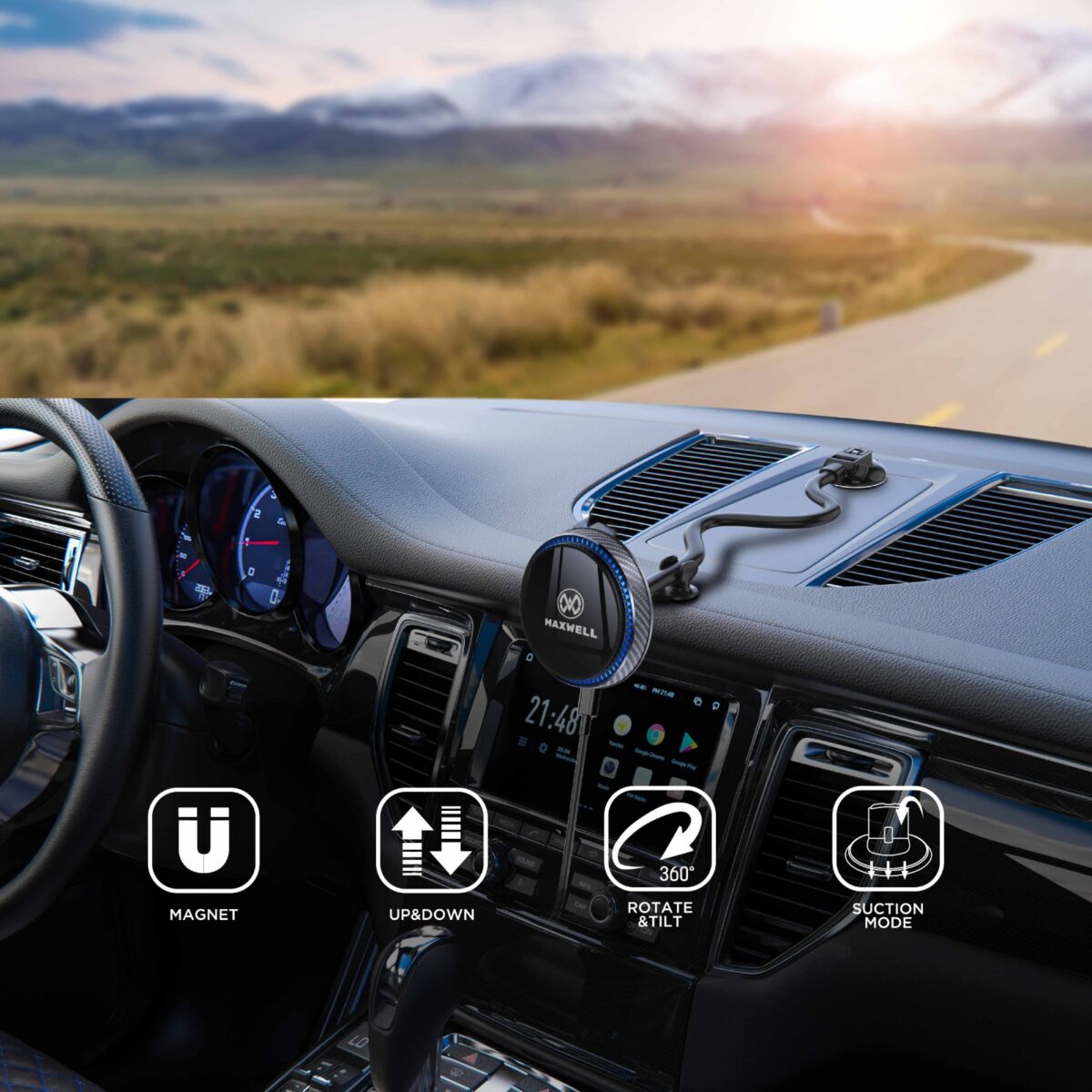 Maxwell Car Holder & Wireless Charger Compatible with MagSafe, Cooling Fan, Fast Charging, 360° Rotation, for iPhone and Android