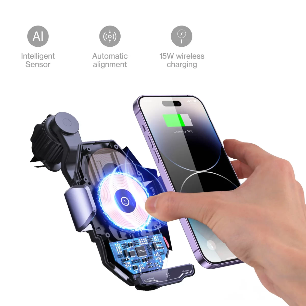 Maxwell Wireless Car Charger and Holder with Auto-Clamping for iPhone and Samsung
