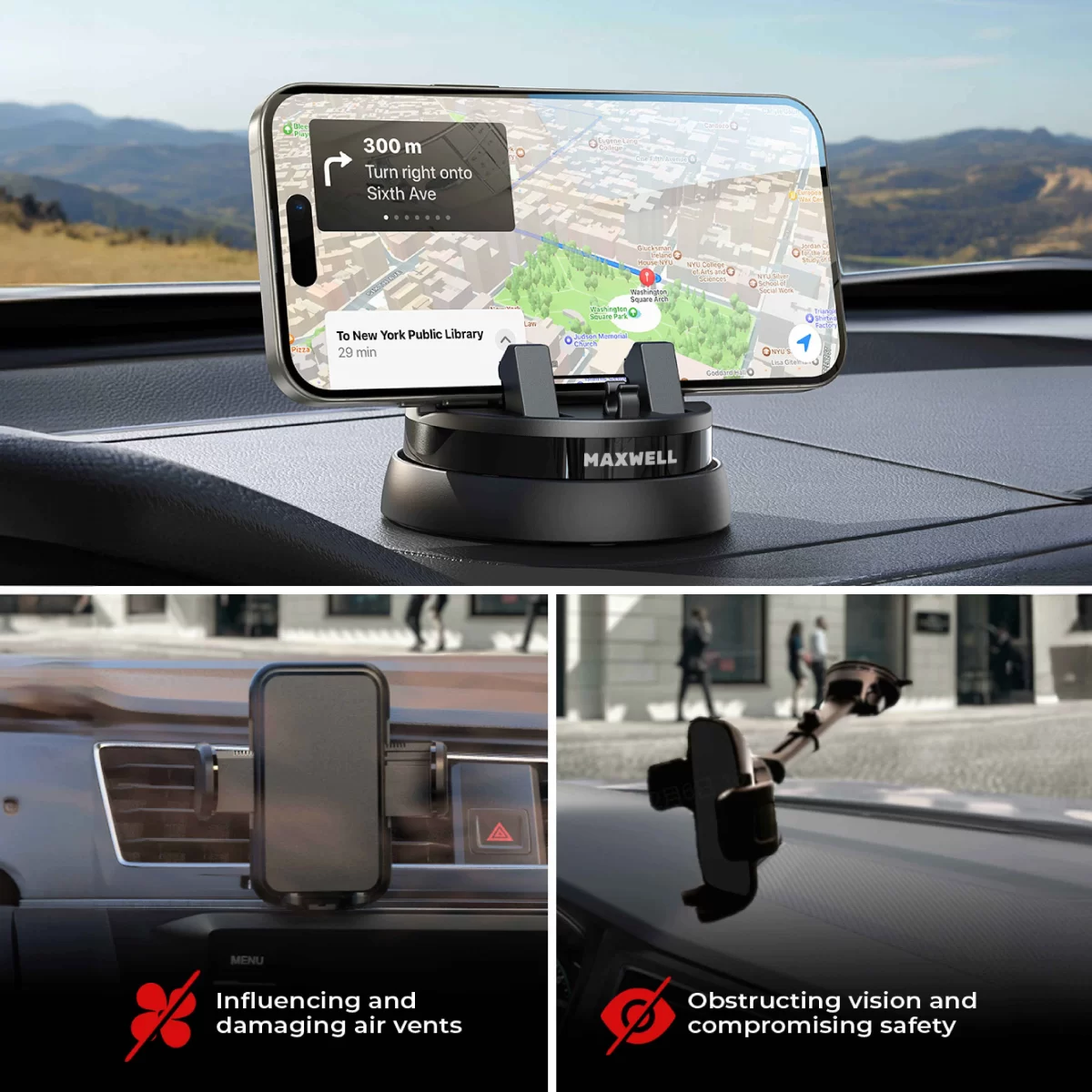 Maxwell Car Phone Holder with Cable Storage Design, Non-Slip Silicone, Compatible with iPhone and Samsung