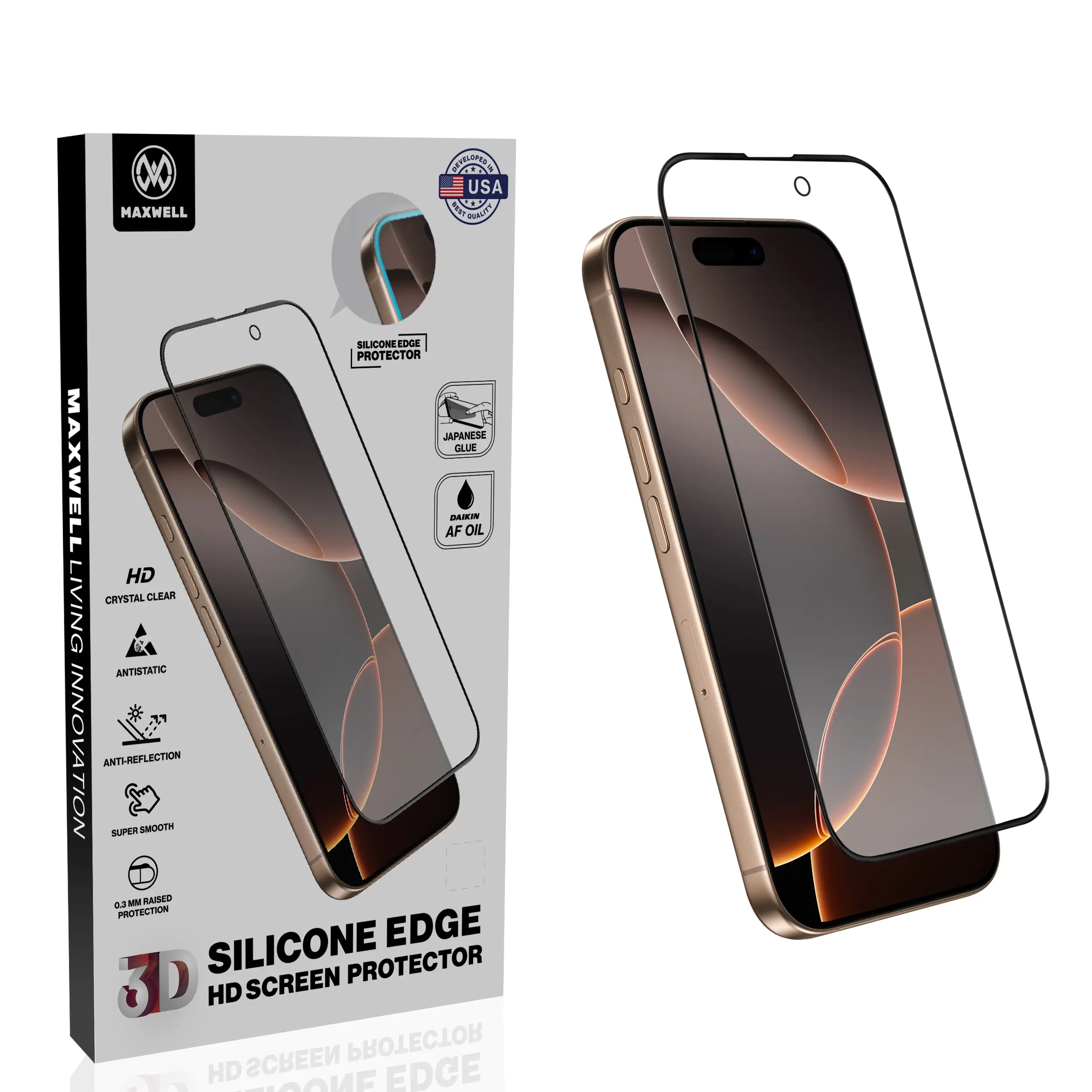 Maxwell 3D Silicone Edge HD AR Screen Protector iPhone 16 Pro Maxwell 3D Silicone Edge HD AR Screen Protector iPhone 16 Pro